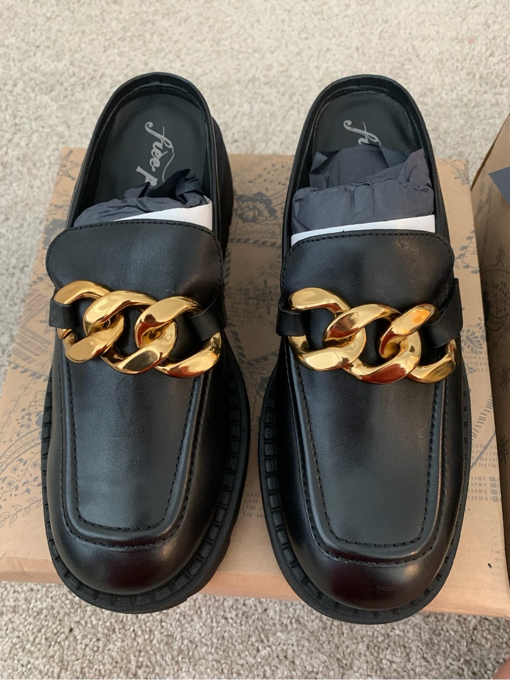Free People Lyra Black Chan Link Slip On Chunky Loafer Mules Size 39 New